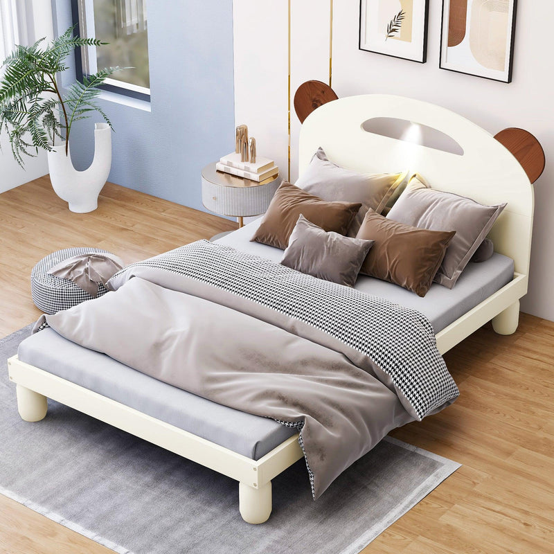 Twin Size Platform Bed with Bear Ears Shaped Headboard and LED, Cream White - Supfirm