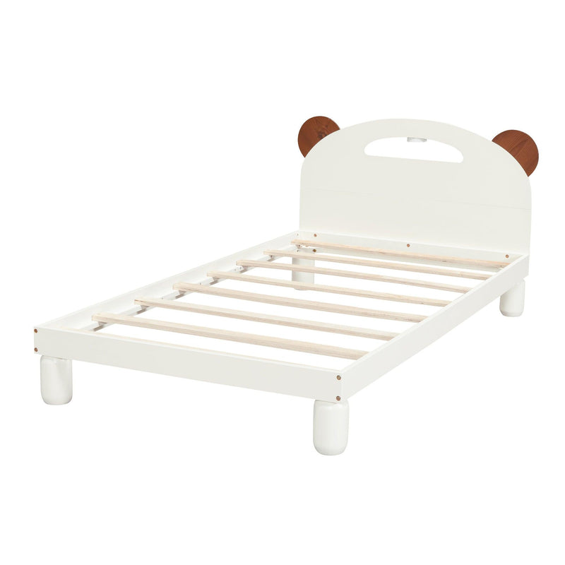 Twin Size Platform Bed with Bear Ears Shaped Headboard and LED, Cream White - Supfirm