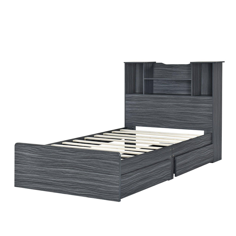 Twin Size Storage Platform Bed Frame with 4 Open Storage Shelves and 2 Storage Drawers,LED Light,Gray - Supfirm