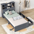 Twin Size Storage Platform Bed Frame with 4 Open Storage Shelves and 2 Storage Drawers,LED Light,Gray - Supfirm