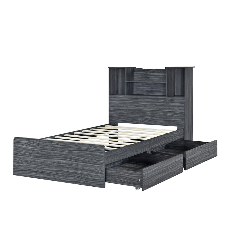 Twin Size Storage Platform Bed Frame with 4 Open Storage Shelves and 2 Storage Drawers,LED Light,Gray - Supfirm