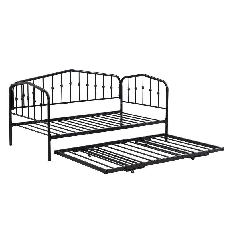 Twin Size Stylish Metal Daybed with Twin Size Adjustable Trundle, Portable Folding Trundle, Black - Supfirm