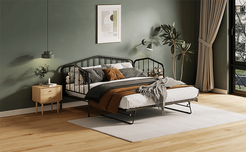 Twin Size Stylish Metal Daybed with Twin Size Adjustable Trundle, Portable Folding Trundle, Black - Supfirm