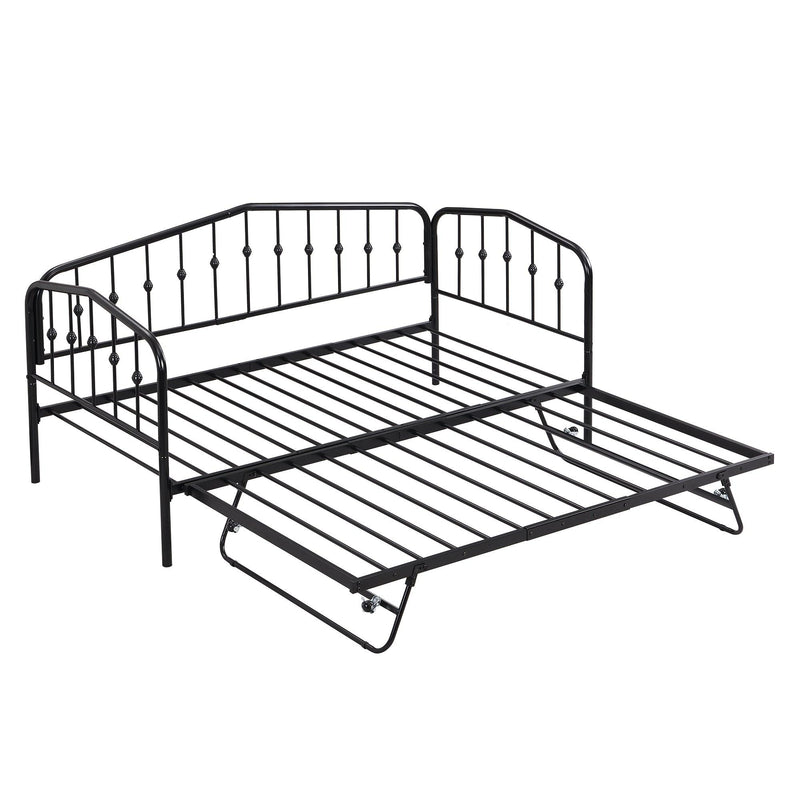 Twin Size Stylish Metal Daybed with Twin Size Adjustable Trundle, Portable Folding Trundle, Black - Supfirm