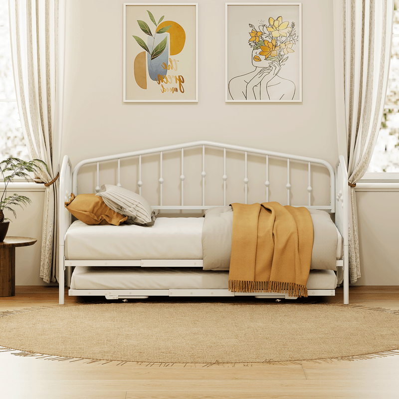 Twin Size Stylish Metal Daybed with Twin Size Adjustable Trundle, Portable Folding Trundle, White - Supfirm