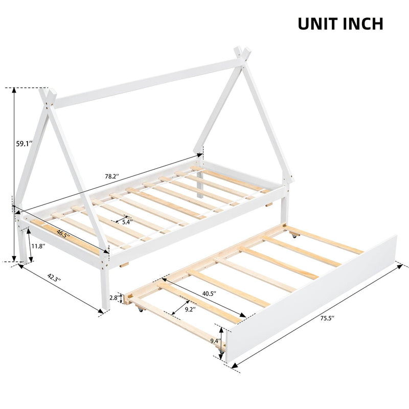 Twin size Tent Floor Bed, Teepee Bed, with Trundle,White - Supfirm