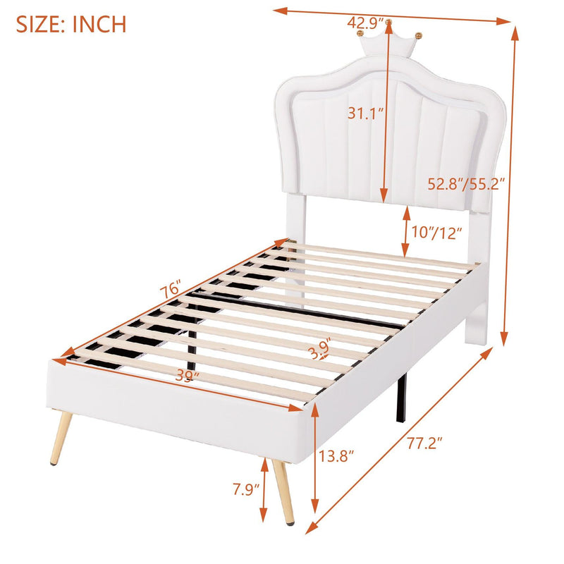 Twin Size Upholstered Bed Frame with LED Lights, Modern Upholstered Princess Bed With Crown Headboard,White - Supfirm