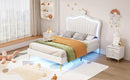 Twin Size Upholstered Bed Frame with LED Lights, Modern Upholstered Princess Bed With Crown Headboard,White - Supfirm