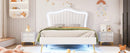 Twin Size Upholstered Bed Frame with LED Lights, Modern Upholstered Princess Bed With Crown Headboard,White - Supfirm