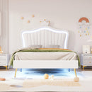 Twin Size Upholstered Bed Frame with LED Lights, Modern Upholstered Princess Bed With Crown Headboard,White - Supfirm