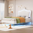 Twin Size Upholstered Bed Frame with LED Lights, Modern Upholstered Princess Bed With Crown Headboard,White - Supfirm