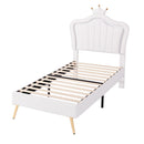 Twin Size Upholstered Bed Frame with LED Lights, Modern Upholstered Princess Bed With Crown Headboard,White - Supfirm