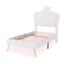 Twin Size Upholstered Bed Frame with LED Lights, Modern Upholstered Princess Bed With Crown Headboard,White - Supfirm