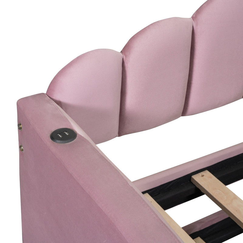 Twin size Upholstered Daybed with Trundle ,Velvet Sofabed with USB Charging Ports,No Box-spring Needed,Pink - Supfirm