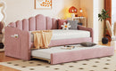 Twin size Upholstered Daybed with Trundle ,Velvet Sofabed with USB Charging Ports,No Box-spring Needed,Pink - Supfirm