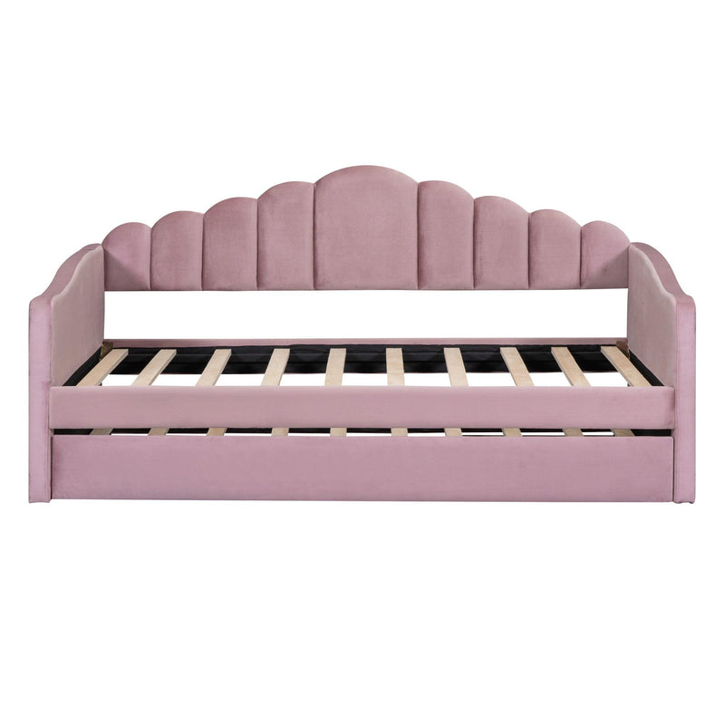 Twin size Upholstered Daybed with Trundle ,Velvet Sofabed with USB Charging Ports,No Box-spring Needed,Pink - Supfirm