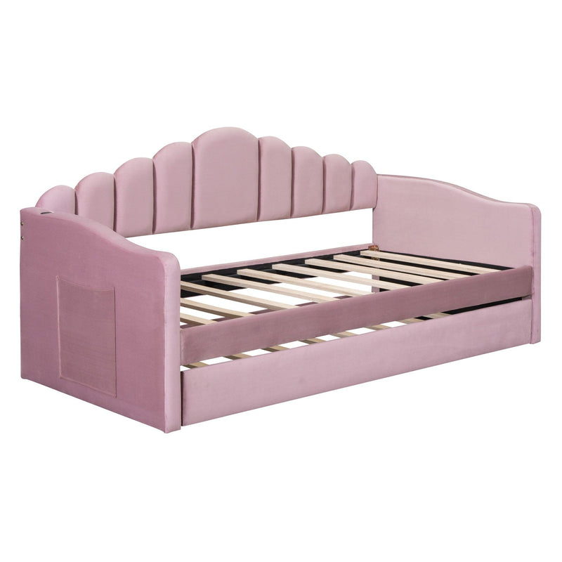 Twin size Upholstered Daybed with Trundle ,Velvet Sofabed with USB Charging Ports,No Box-spring Needed,Pink - Supfirm