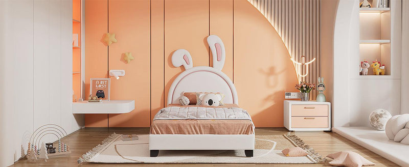 Twin Size Upholstered Leather Platform Bed with Rabbit Ornament, White - Supfirm