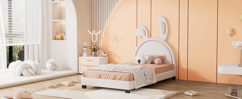 Twin Size Upholstered Leather Platform Bed with Rabbit Ornament, White - Supfirm