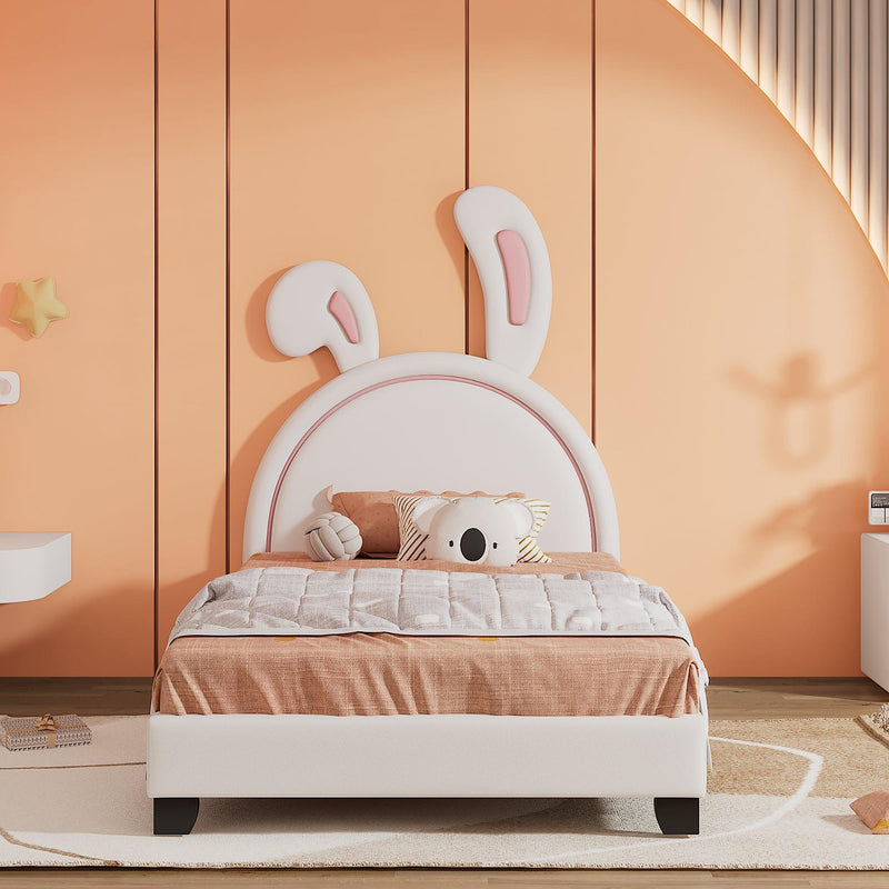 Twin Size Upholstered Leather Platform Bed with Rabbit Ornament, White - Supfirm