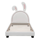 Twin Size Upholstered Leather Platform Bed with Rabbit Ornament, White - Supfirm