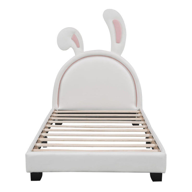 Twin Size Upholstered Leather Platform Bed with Rabbit Ornament, White - Supfirm