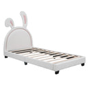 Twin Size Upholstered Leather Platform Bed with Rabbit Ornament, White - Supfirm