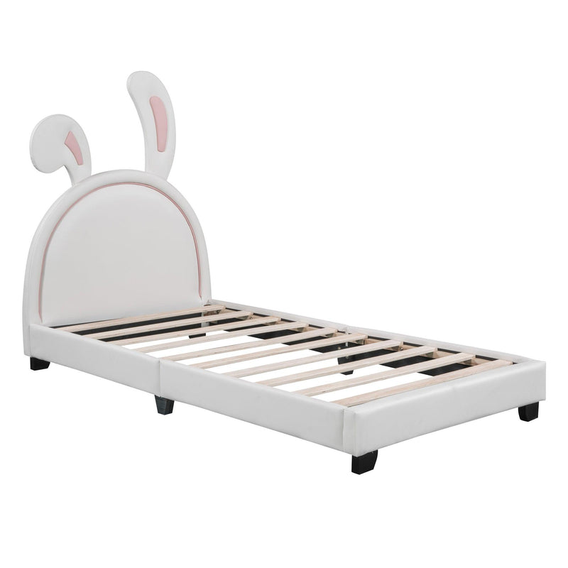 Twin Size Upholstered Leather Platform Bed with Rabbit Ornament, White - Supfirm