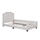 Twin Size Upholstered Platform Bed with Nailhead Trim Decoration and Guardrail, Beige - Supfirm