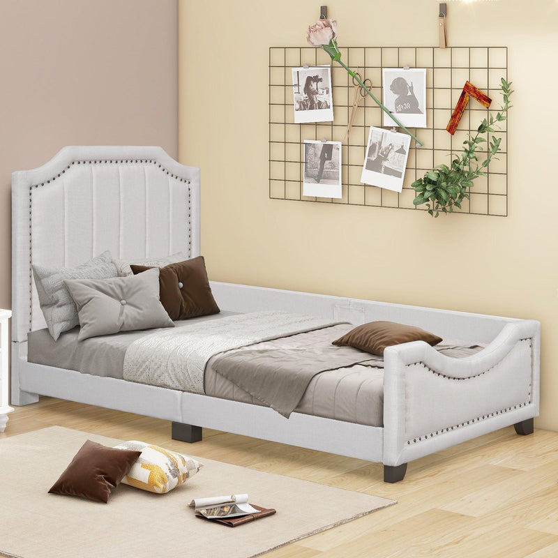 Twin Size Upholstered Platform Bed with Nailhead Trim Decoration and Guardrail, Beige - Supfirm