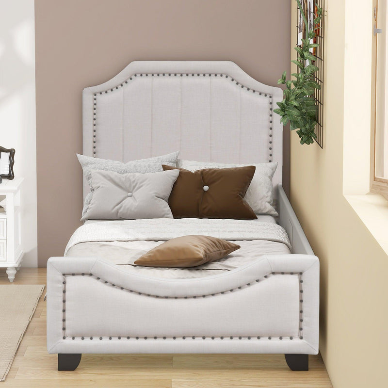 Twin Size Upholstered Platform Bed with Nailhead Trim Decoration and Guardrail, Beige - Supfirm