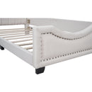 Twin Size Upholstered Platform Bed with Nailhead Trim Decoration and Guardrail, Beige - Supfirm