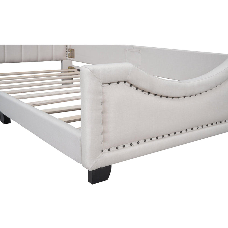 Twin Size Upholstered Platform Bed with Nailhead Trim Decoration and Guardrail, Beige - Supfirm