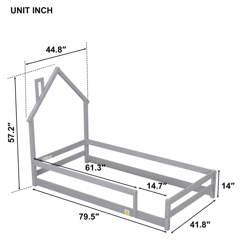 Twin Size Wood bed with House-shaped Headboard Floor bed with Fences,Grey - Supfirm