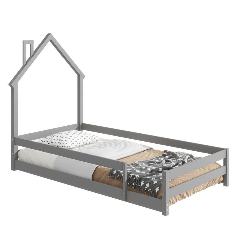 Twin Size Wood bed with House-shaped Headboard Floor bed with Fences,Grey - Supfirm