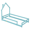 Twin Size Wood bed with House-shaped Headboard Floor bed with Fences,Light Blue - Supfirm