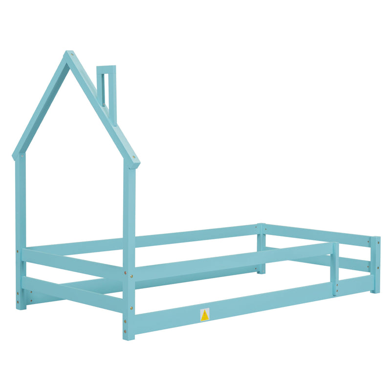 Twin Size Wood bed with House-shaped Headboard Floor bed with Fences,Light Blue - Supfirm