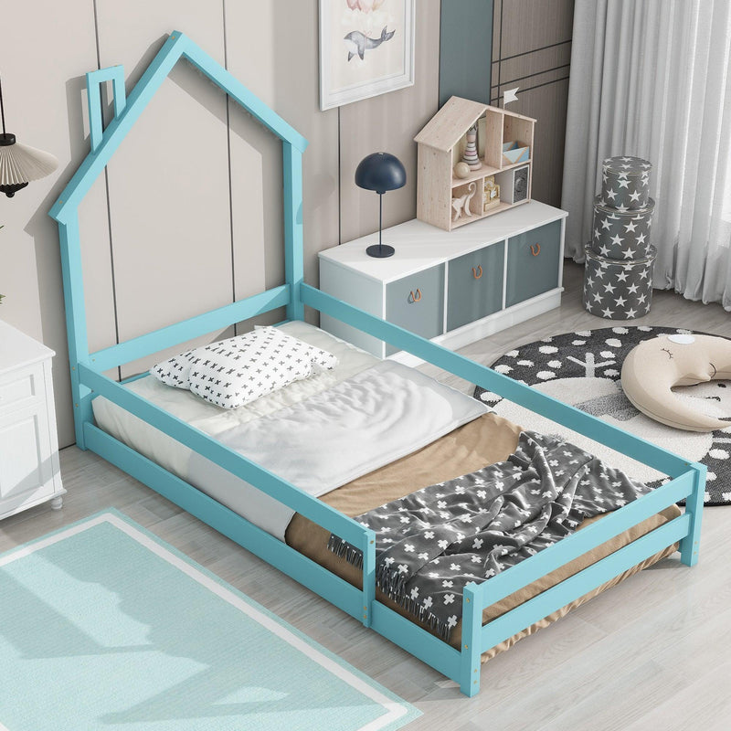 Twin Size Wood bed with House-shaped Headboard Floor bed with Fences,Light Blue - Supfirm