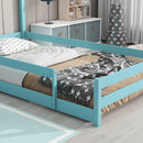 Twin Size Wood bed with House-shaped Headboard Floor bed with Fences,Light Blue - Supfirm