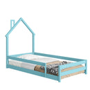 Twin Size Wood bed with House-shaped Headboard Floor bed with Fences,Light Blue - Supfirm