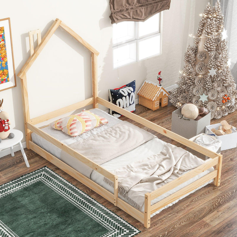 Twin Size Wood bed with House-shaped Headboard Floor bed with Fences,Natural - Supfirm