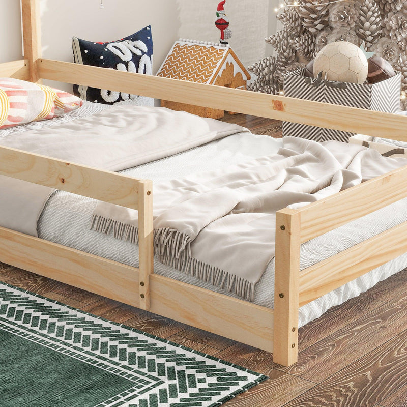 Twin Size Wood bed with House-shaped Headboard Floor bed with Fences,Natural - Supfirm