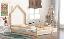 Twin Size Wood bed with House-shaped Headboard Floor bed with Fences,Natural - Supfirm