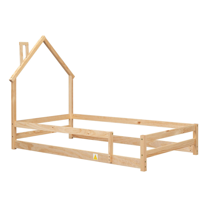 Twin Size Wood bed with House-shaped Headboard Floor bed with Fences,Natural - Supfirm