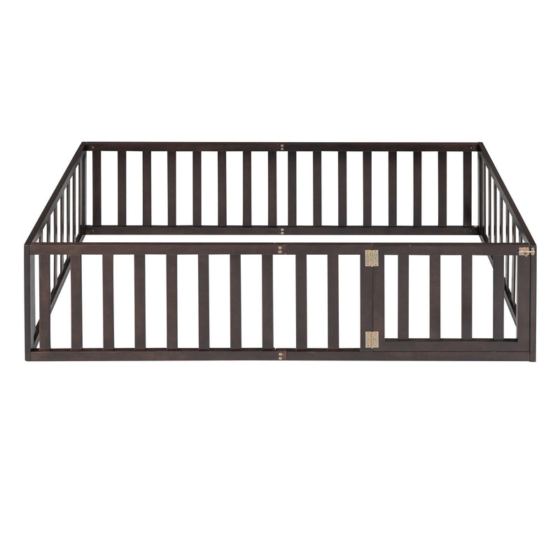 Twin Size Wood Floor Bed Frame with Fence and Door, Walnut(OLD SKU :WF289661AAL) - Supfirm