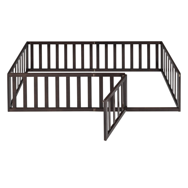 Twin Size Wood Floor Bed Frame with Fence and Door, Walnut(OLD SKU :WF289661AAL) - Supfirm