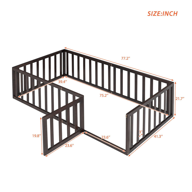 Twin Size Wood Floor Bed Frame with Fence and Door, Walnut(OLD SKU :WF289661AAL) - Supfirm