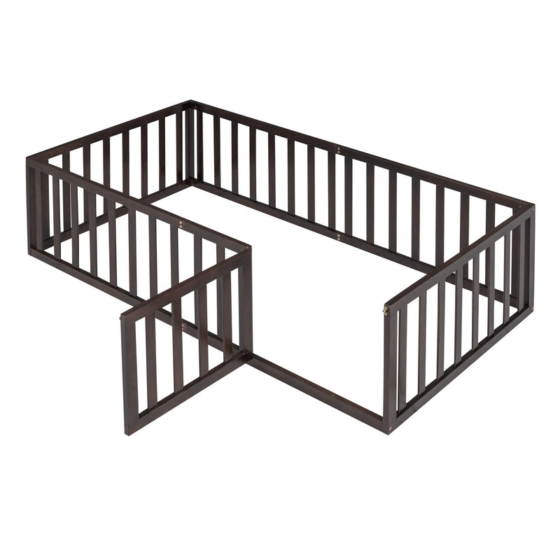 Twin Size Wood Floor Bed Frame with Fence and Door, Walnut(OLD SKU :WF289661AAL) - Supfirm