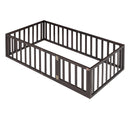 Twin Size Wood Floor Bed Frame with Fence and Door, Walnut(OLD SKU :WF289661AAL) - Supfirm