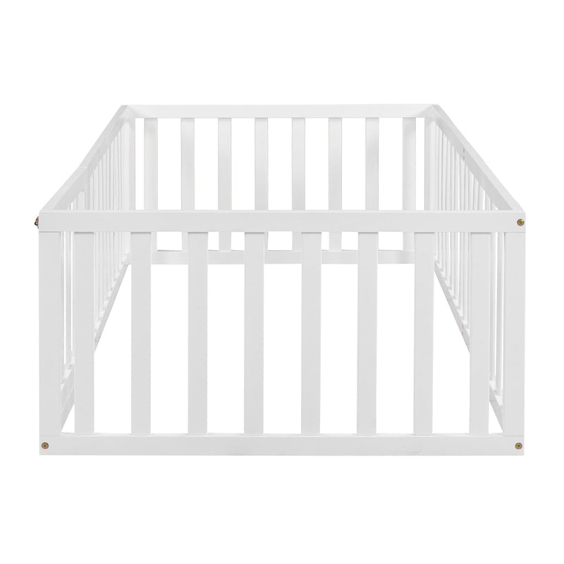 Twin Size Wood Floor Bed Frame with Fence and Door, White(OLD SKU :WF289661AAK) - Supfirm